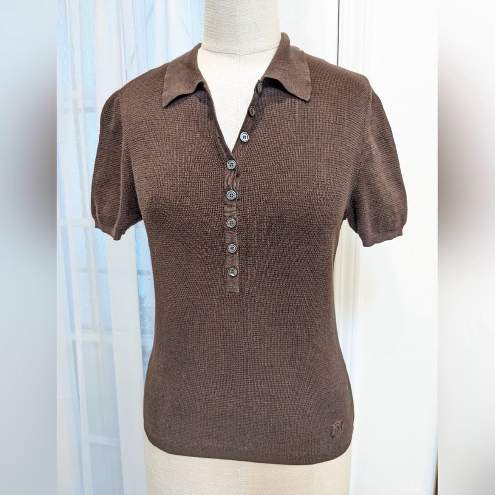 CELINE polo knit shirt brown sz L logo buttons sporty slim top made in France